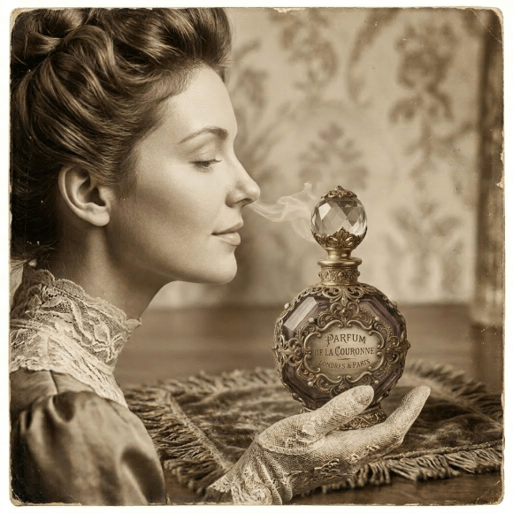 Antique decorative perfume bottle with intricate gold filigree and purple glass