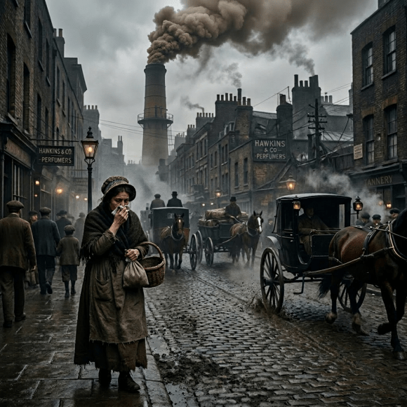 Victorian industrial street with pedestrians, horse carriages, and factory smoke