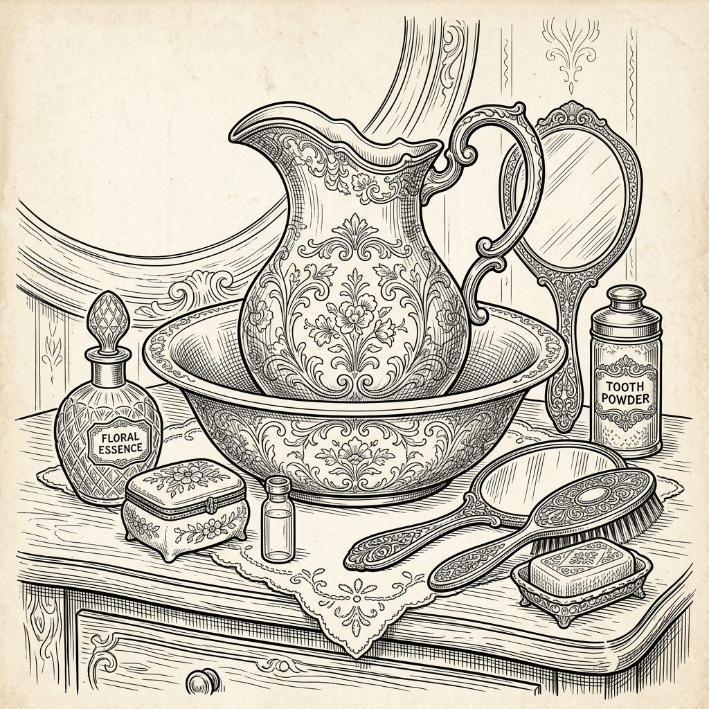 Victorian-era ornate pitcher and basin with toiletry items