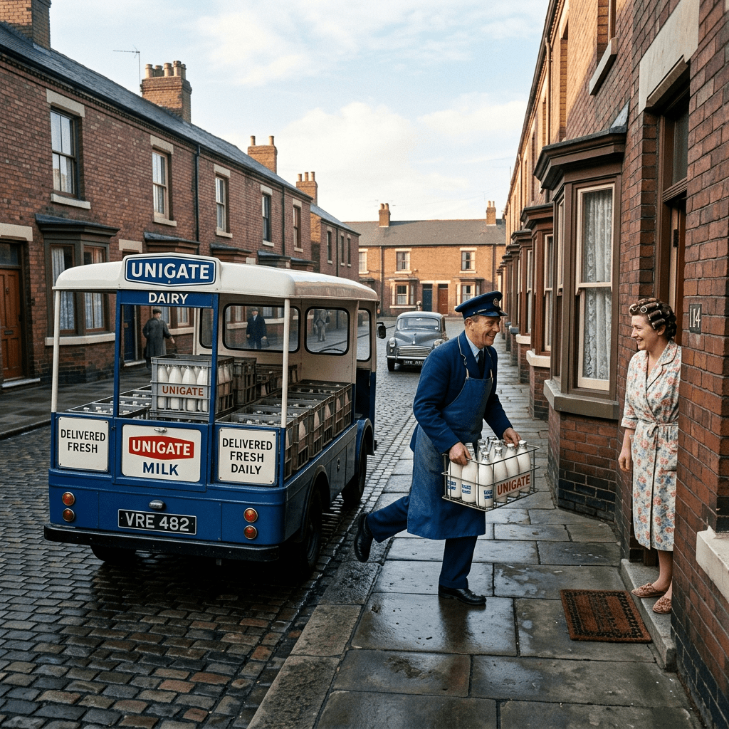 Milkman delivering Unigate milk beside a dairy truck to a woman