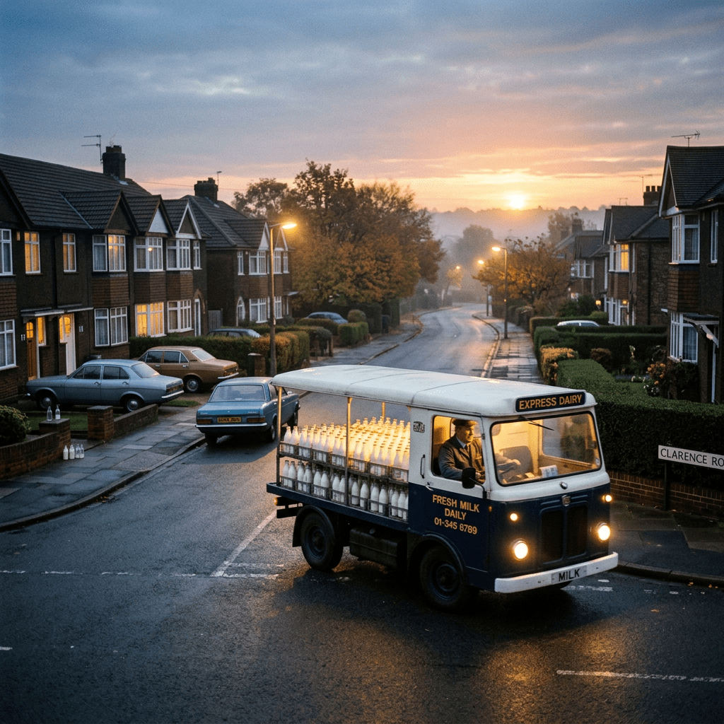 Vintage Express Dairy milk van delivering bottles on a residential street