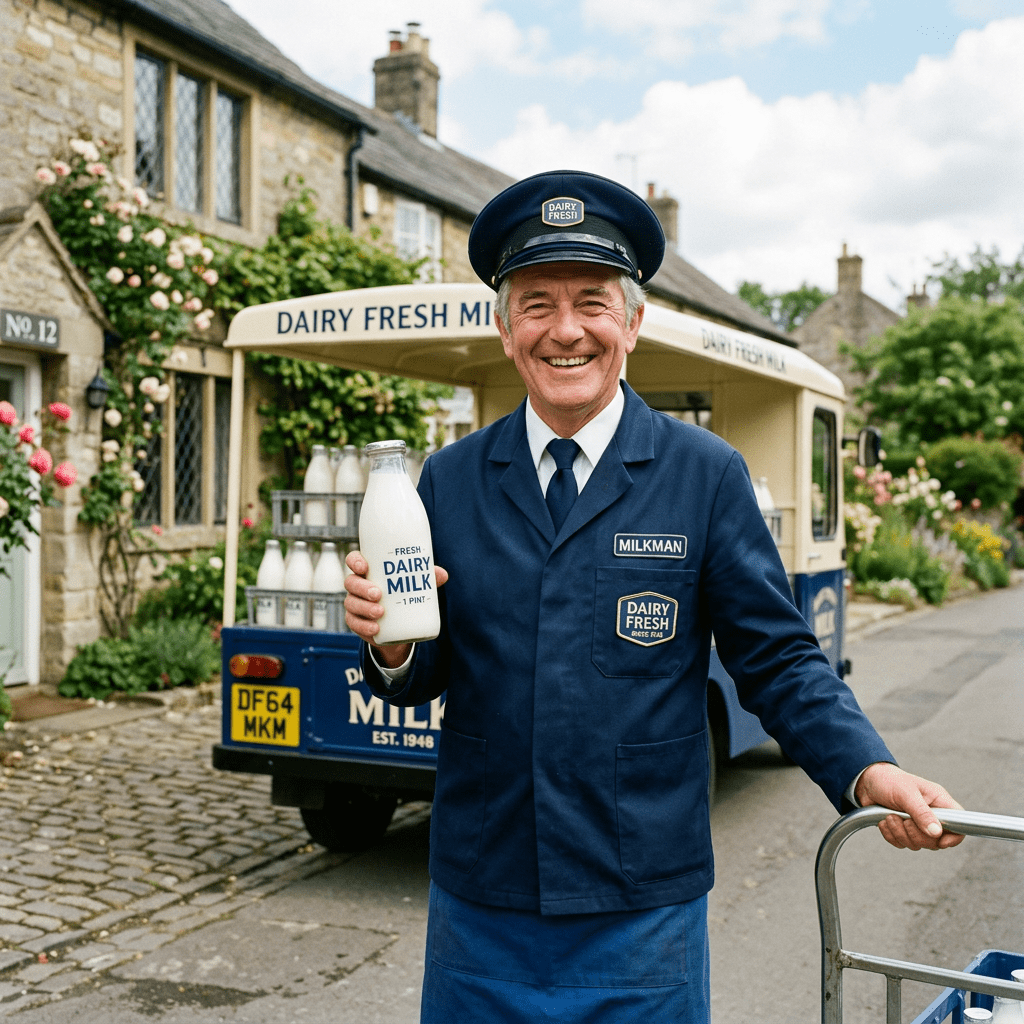 Smiling milkman holding a fresh dairy milk bottle beside delivery van