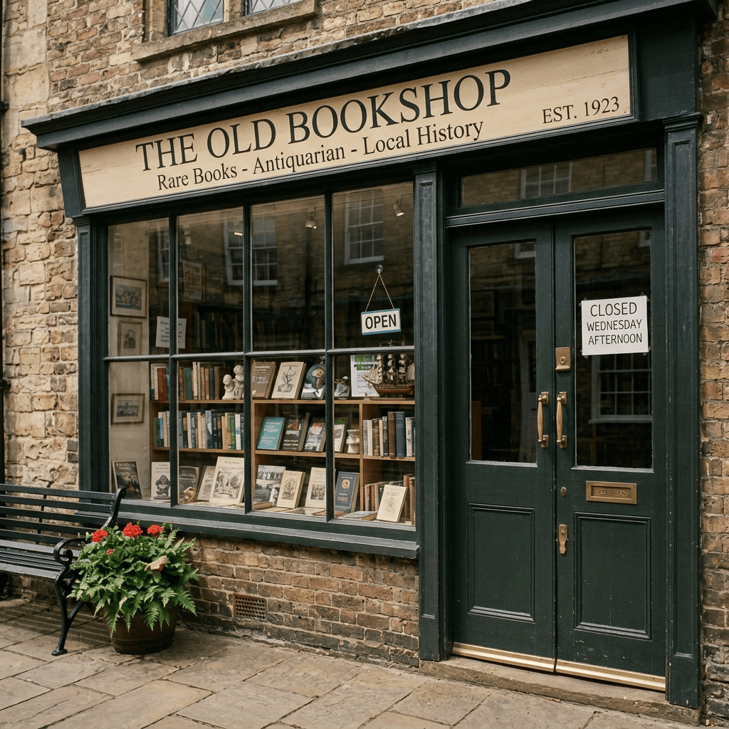 The Old Bookshop storefront displaying rare books on a historic street