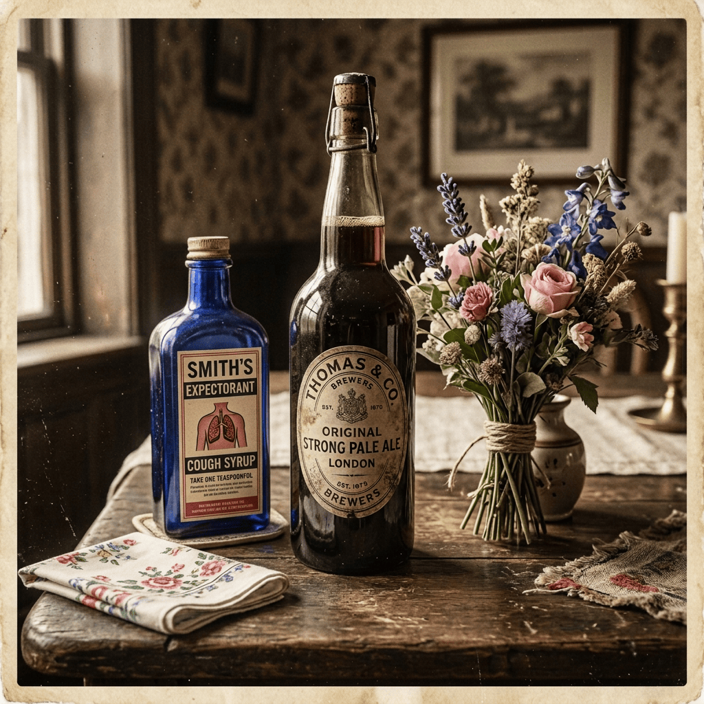 Smith's Expectorant cough syrup and Thomas & Co. Original Strong Pale Ale London bottles beside flowers