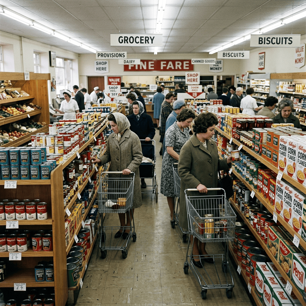 Shoppers browse canned goods in a vintage grocery store