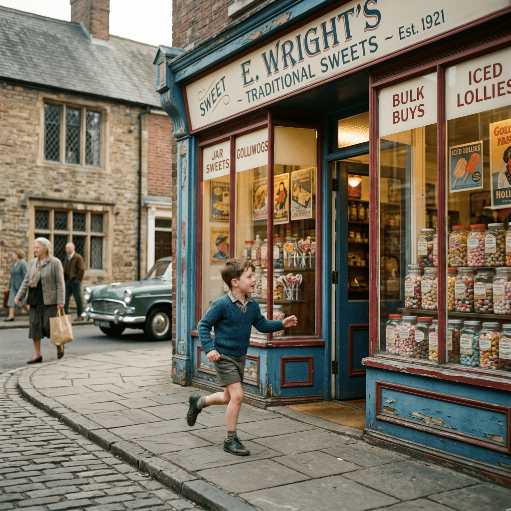 Child running past E. Wright’s traditional sweets shop with candy jars