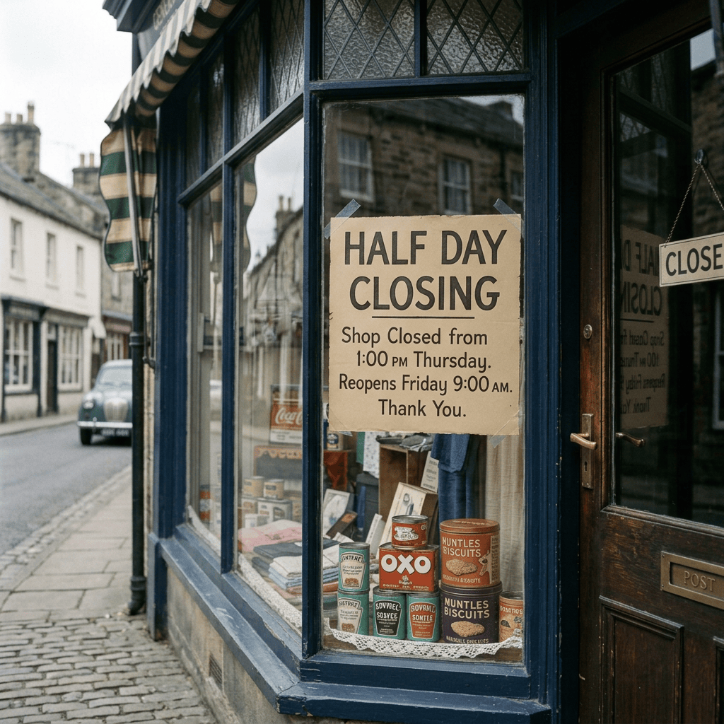 W. Harper & Sons General Store with signs reading “HALF DAY CLOSING” and “CLOSED.”